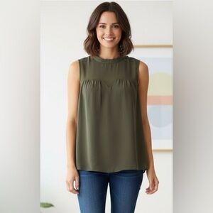 1.State dark brown/mustard sleeveless blouse, wrapped buttons,half sheer, S